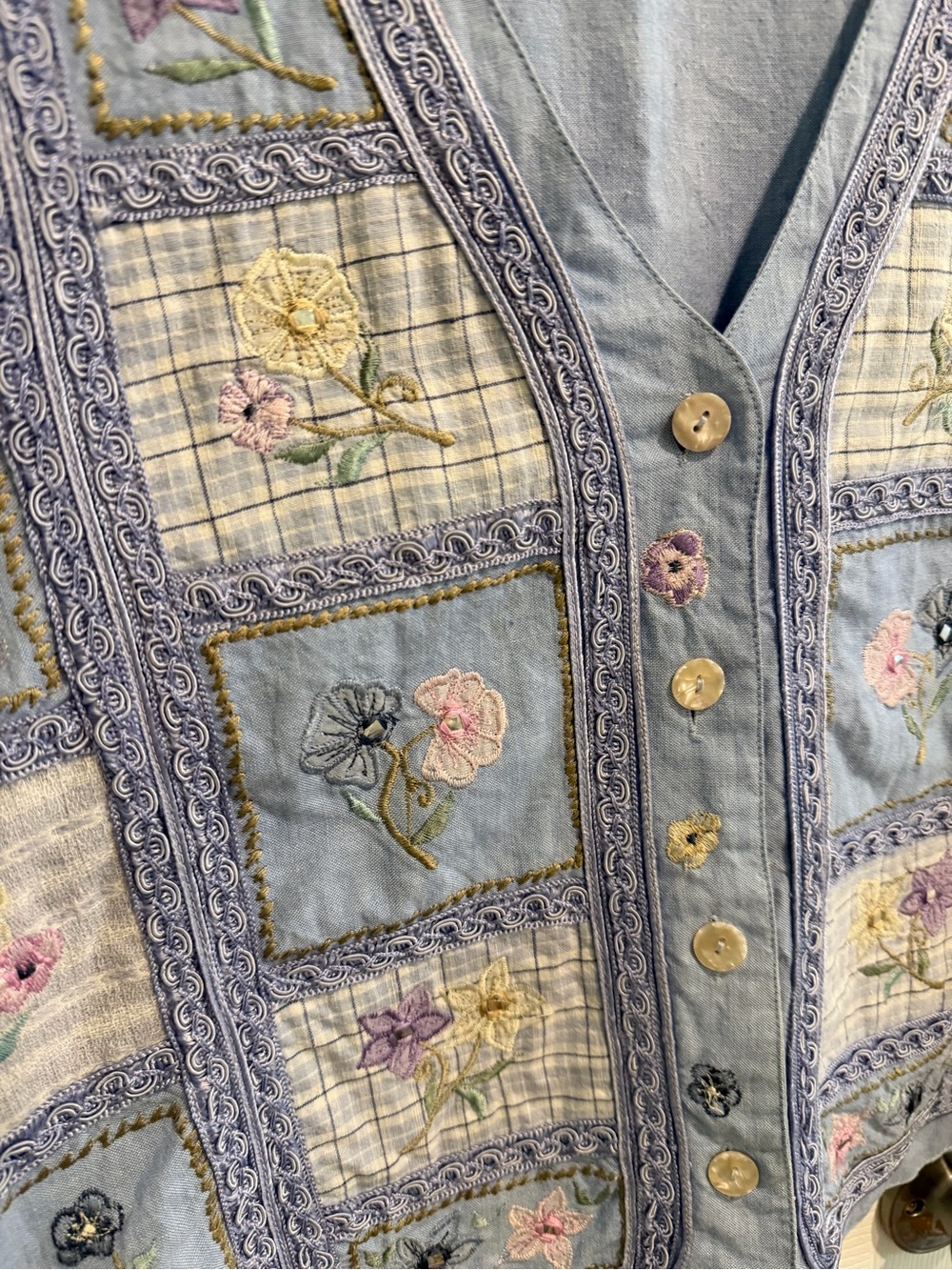 Light Blue Embroidered Floral Patchwork Button Front Vest - Picture 3 of 8